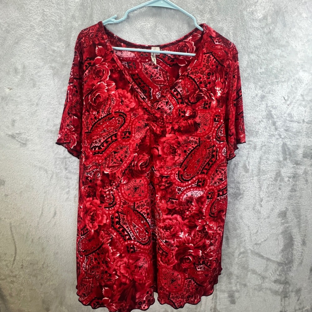 Bohemian‎ Red Paisley Floral Ruched V-Neck Blouse 2X Cottagecore Whimsigoth